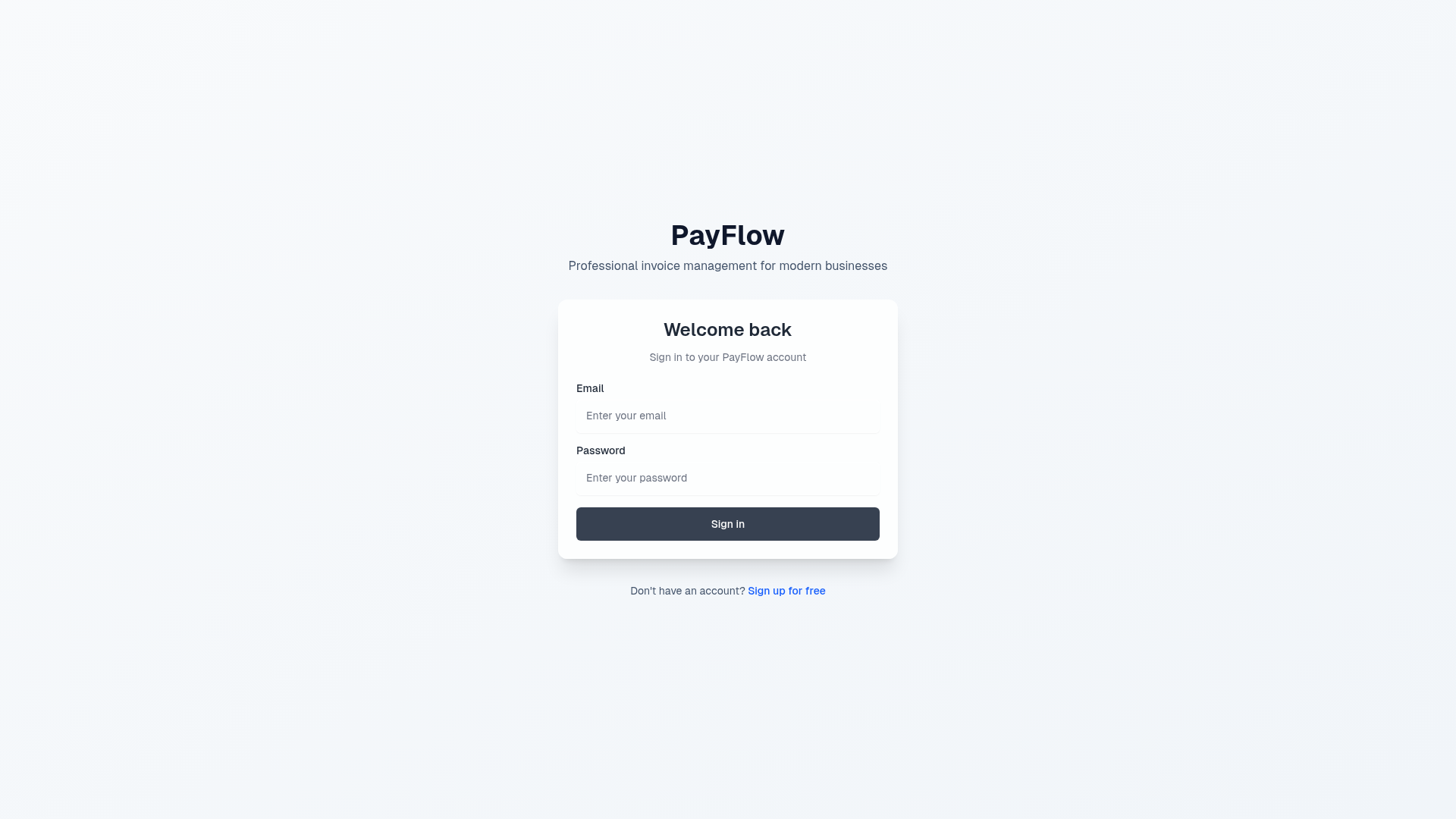 PayFlow sign-in screen, captured from the live project